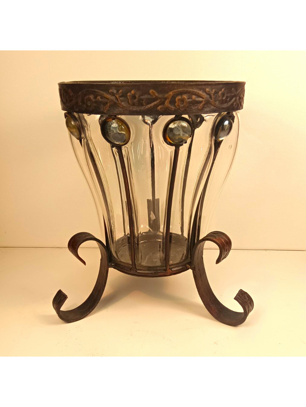 Brown Metal Bubble Glass Hurricane Candle/Vase Round 8" Table Top Center Peice